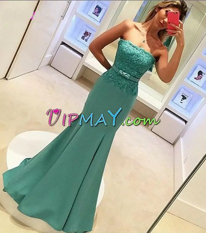 Simple Green Mermaid Strapless Sleeveless Satin Floor Length Lace Up Belt Prom Gown