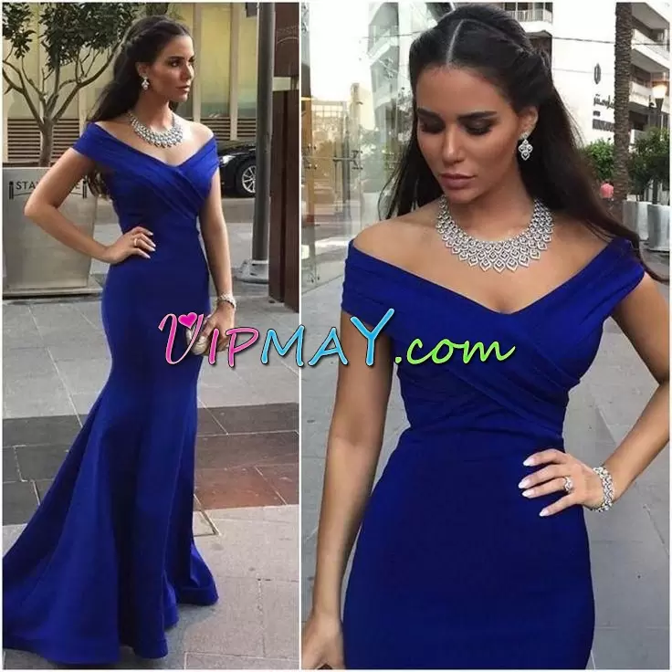 Shining Floor Length Royal Blue Prom Dress Satin Sweep Train Sleeveless Beading and Lace