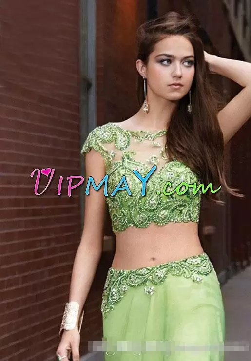 Apple Green Two Pieces Chiffon Bateau Cap Sleeves Beading Floor Length Backless Prom Dress