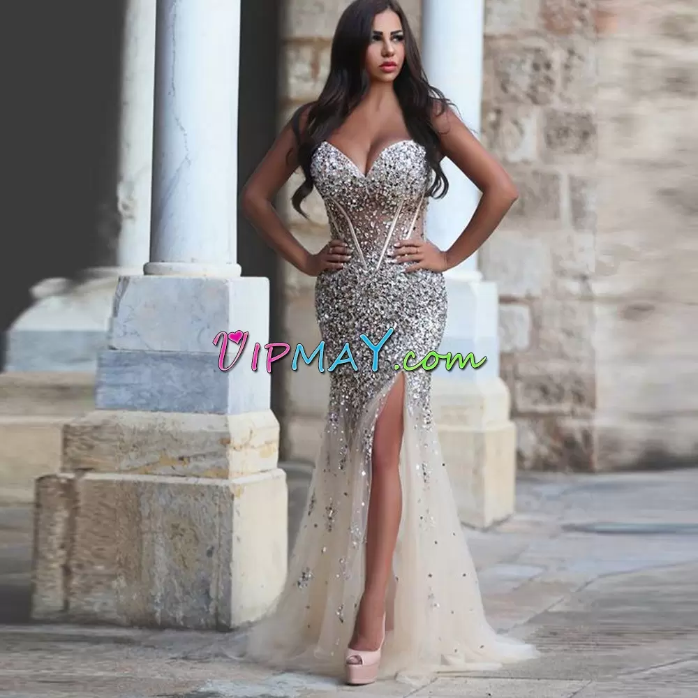 Dramatic Champagne Tulle Lace Up Sleeveless Floor Length Sweep Train Beading