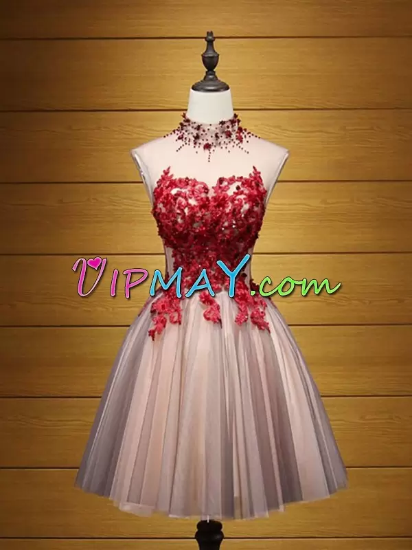 Cheap Red and Champagne Illusion Short Homecoming Dress Beading and Red Lace Over Under 100