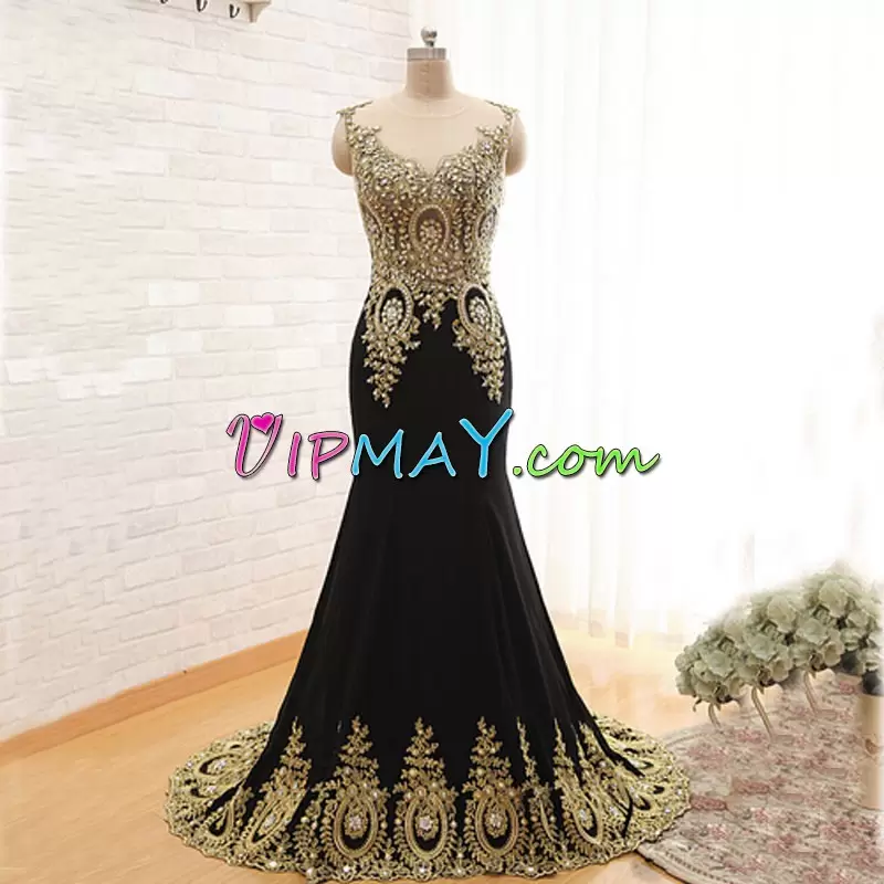 High Quality Black Scoop Side Zipper Beading and Appliques Prom Party Dress Sweep Train Sleeveless