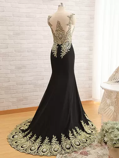 High Quality Black Scoop Side Zipper Beading and Appliques Prom Party Dress Sweep Train Sleeveless