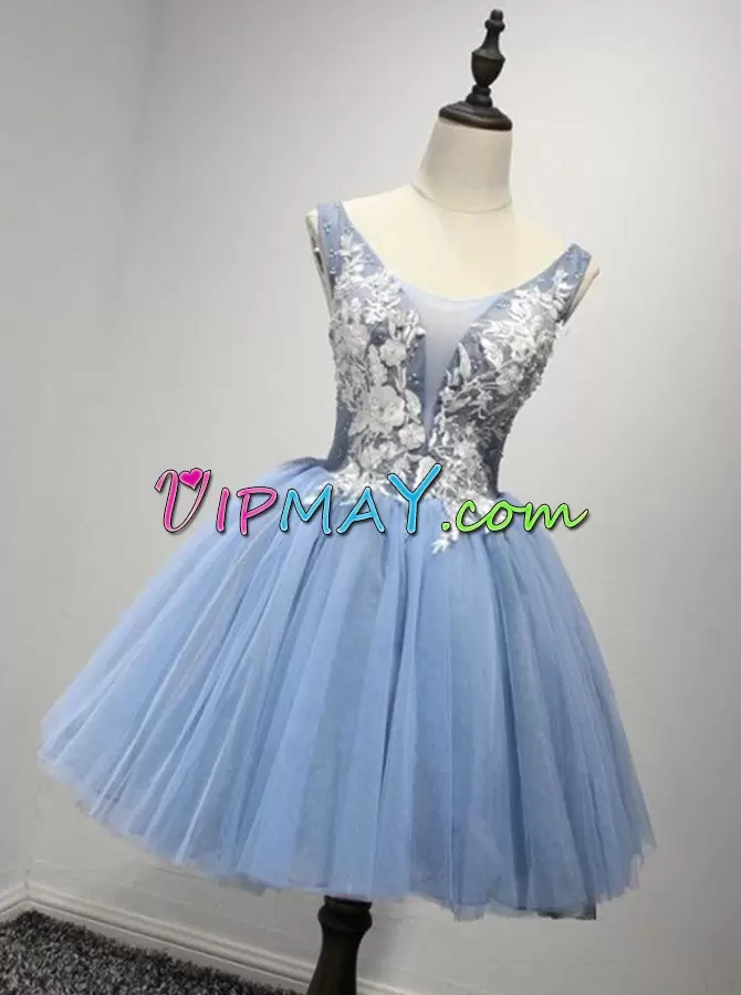 Extravagant Blue Lace Up V-neck Sleeveless Mini Length Prom Dresses Lace