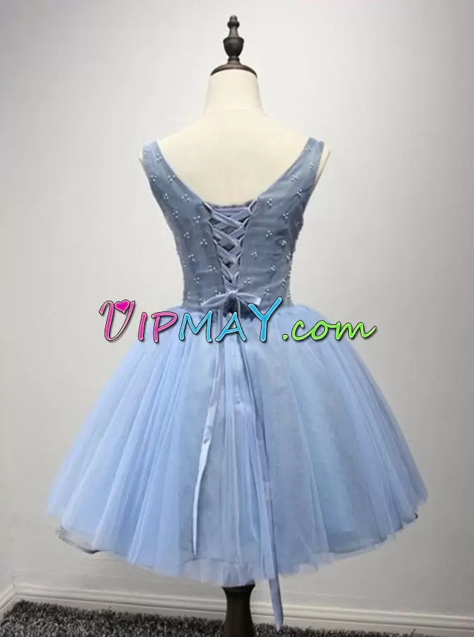 Extravagant Blue Lace Up V-neck Sleeveless Mini Length Prom Dresses Lace