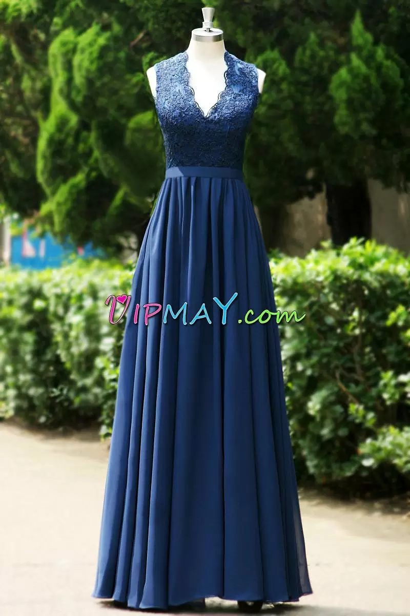 Navy Blue Dress for Prom Prom with Lace V-neck Sleeveless Backless