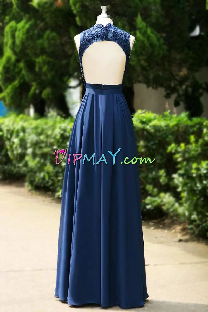 Navy Blue Dress for Prom Prom with Lace V-neck Sleeveless Backless