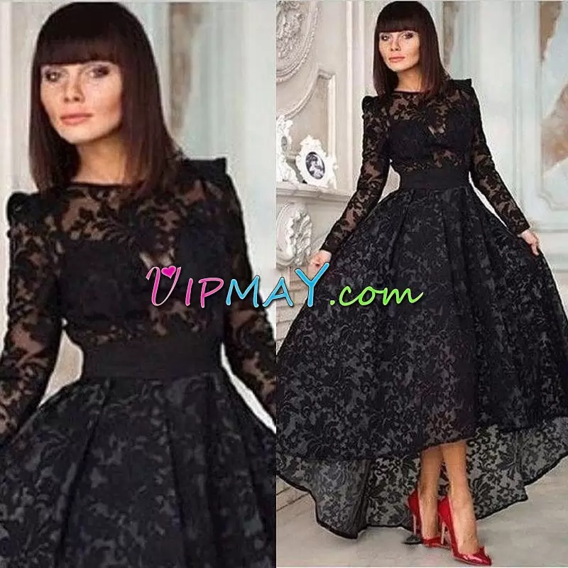 Inexpensive Floor Length Black Dress for Prom Sweetheart Long Sleeves Sweep Train Lace Up