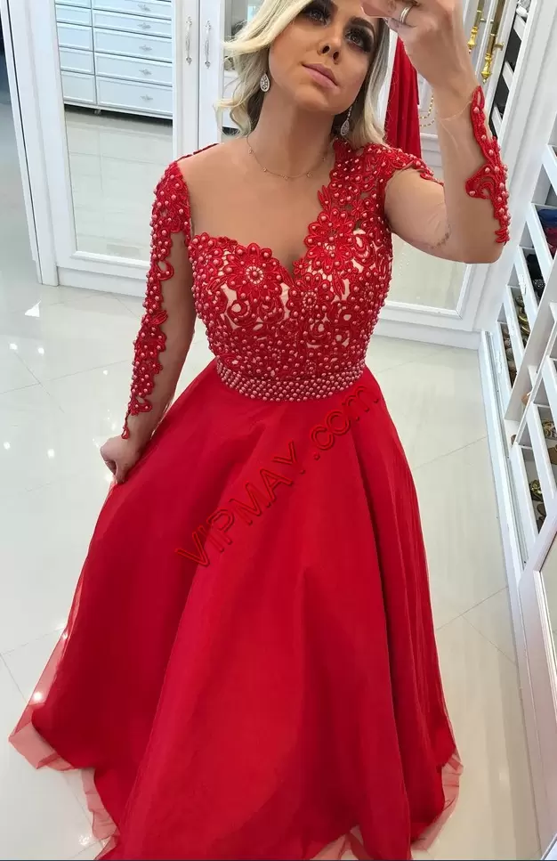 Long Sleeves Scoop Lace Up Floor Length Beading and Embroidery Prom Gown Scoop