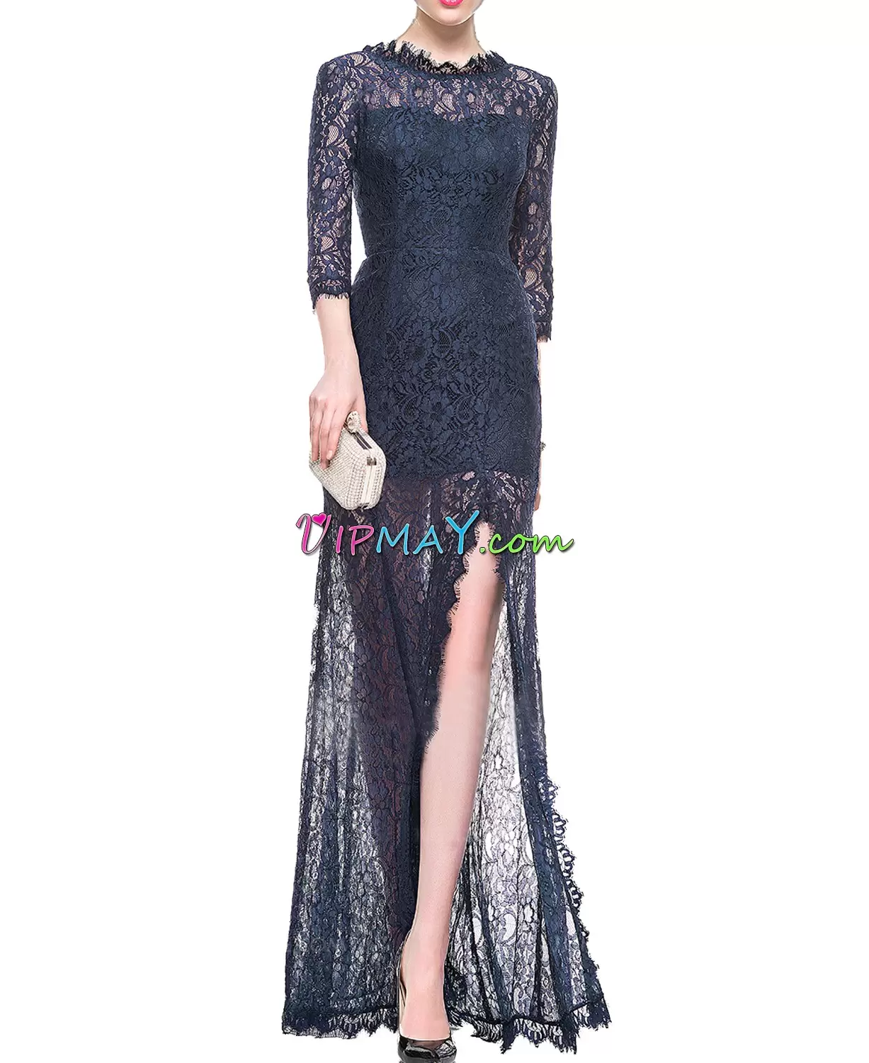 Free and Easy Sweetheart Long Sleeves Prom Evening Gown Floor Length Beading and Lace Navy Blue Satin