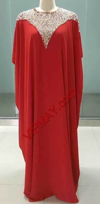 Modest Red Chiffon Lace Up Scoop Short Sleeves Floor Length Homecoming Party Dress Beading