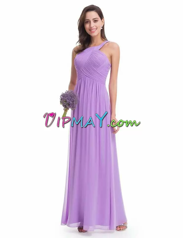 Purple Scoop Sleeveless Chiffon Floor Length Zipper Ruching Prom Dress