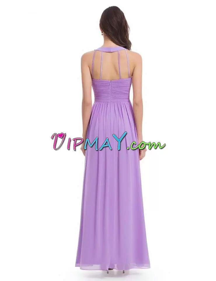 Purple Scoop Sleeveless Chiffon Floor Length Zipper Ruching Prom Dress