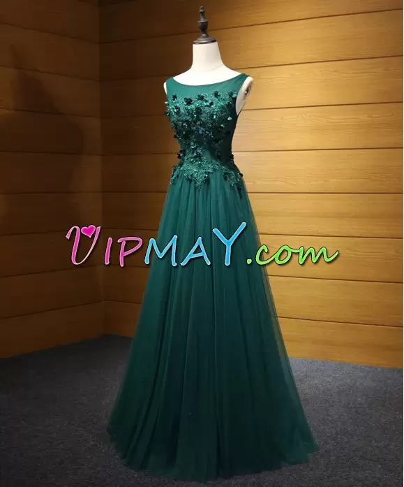 Tulle Sleeveless Floor Length Dress for Prom and Beading and Appliques