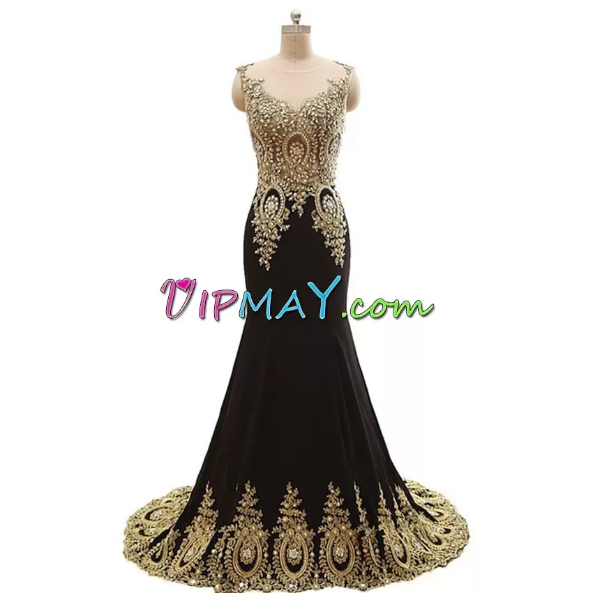 Scoop Sleeveless Prom Party Dress Sweep Train Beading and Appliques Black