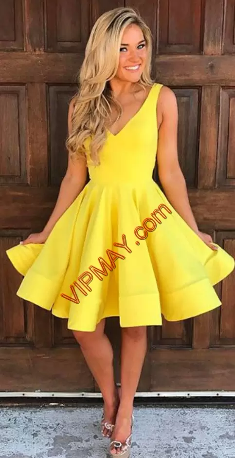 Elegant Knee Length Lace Up Homecoming Gowns Yellow for Prom and Party and Military Ball with Ruching