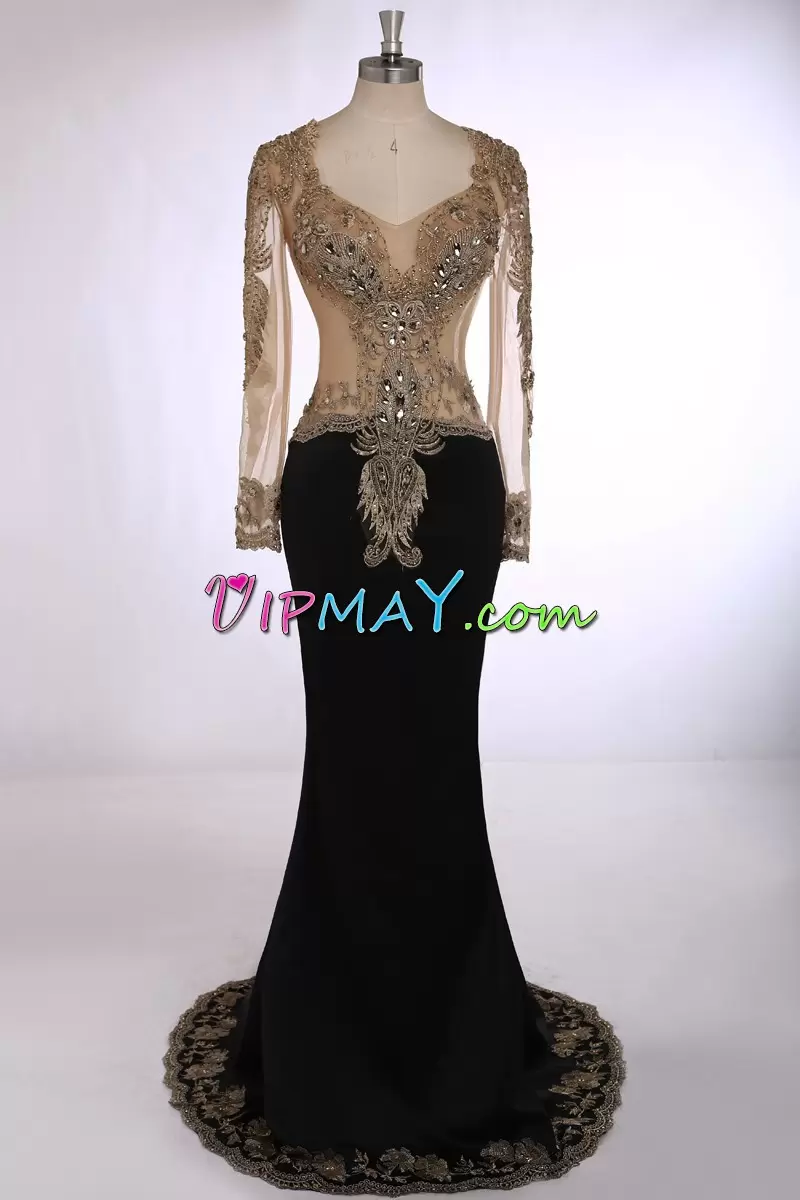 Dynamic Black Homecoming Dress Satin and Chiffon Sweep Train Long Sleeves Beading and Appliques