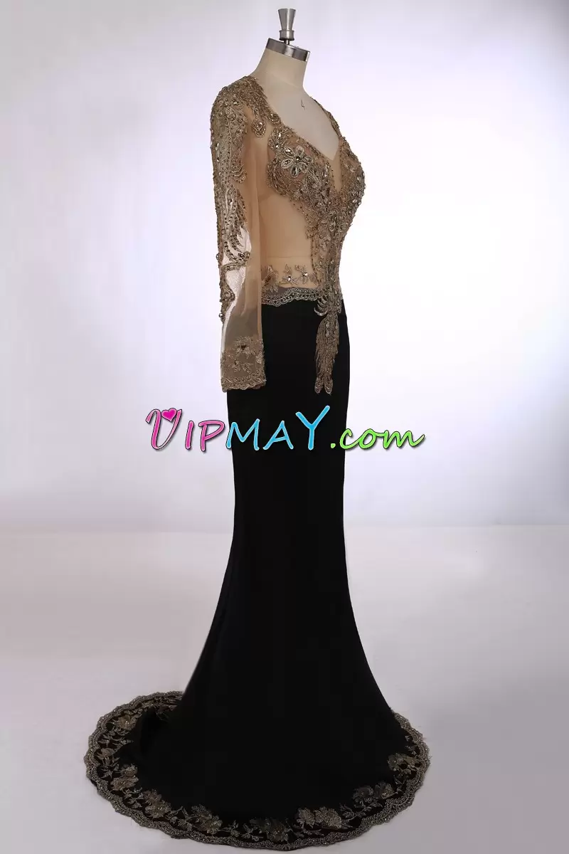 Dynamic Black Homecoming Dress Satin and Chiffon Sweep Train Long Sleeves Beading and Appliques