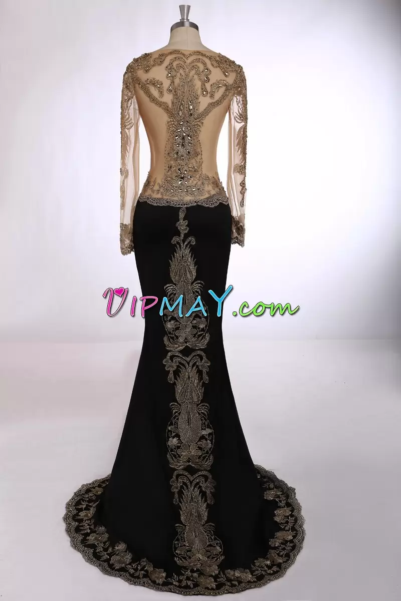 Dynamic Black Homecoming Dress Satin and Chiffon Sweep Train Long Sleeves Beading and Appliques