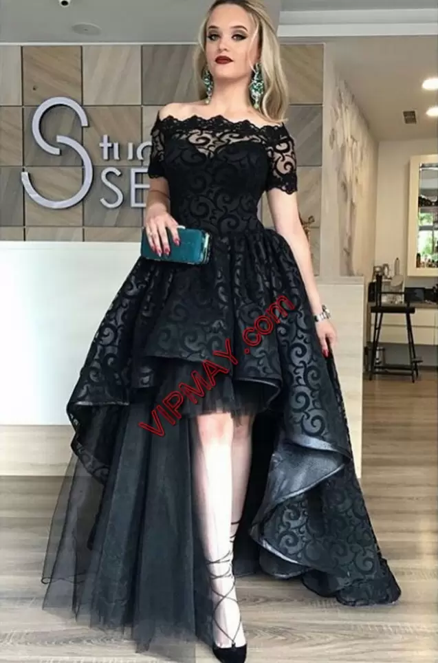Excellent High Low A-line Short Sleeves Black Homecoming Dress