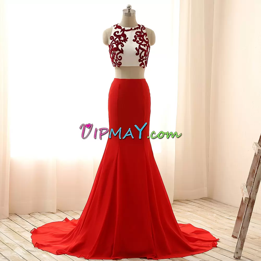 Fitting Red Sleeveless Chiffon Zipper Prom Party Dress for Prom and Party and Military Ball