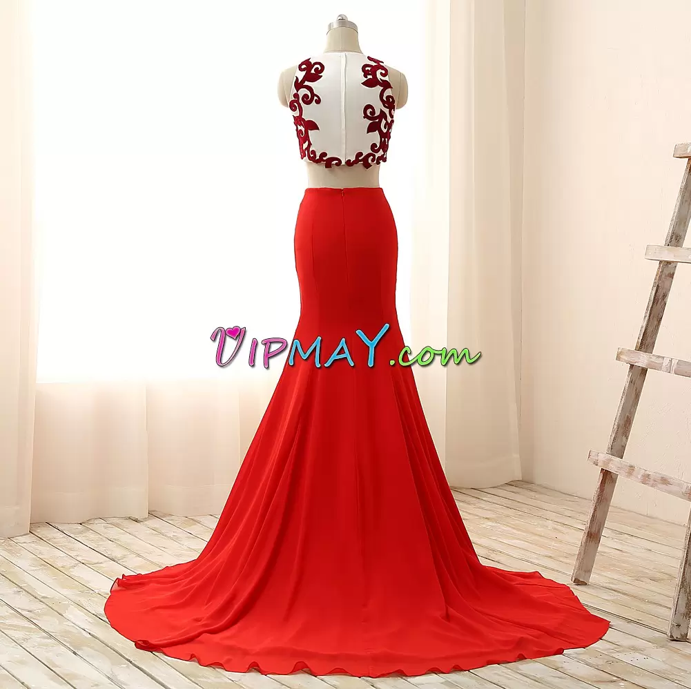 Fitting Red Sleeveless Chiffon Zipper Prom Party Dress for Prom and Party and Military Ball