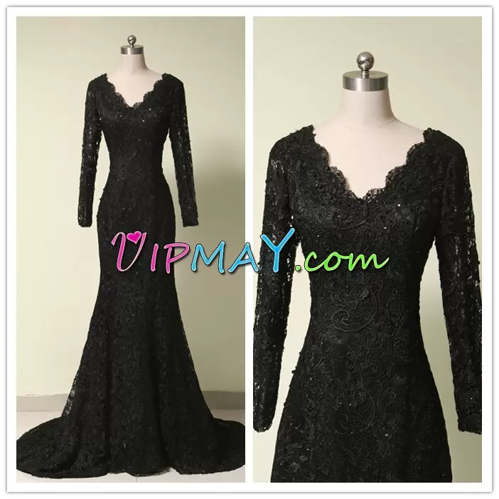 Shining Dark Green Satin Lace Up V-neck Long Sleeves Floor Length Homecoming Dress Sweep Train Beading and Lace