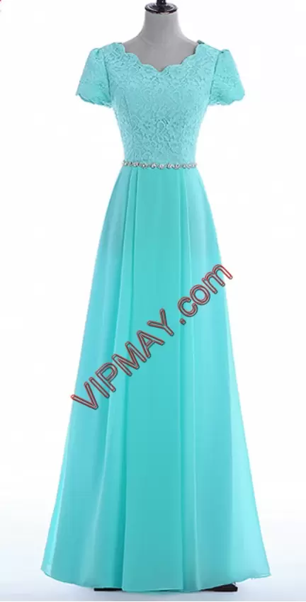 Excellent Aqua Blue A-line Beading Prom Dresses Zipper Chiffon Short Sleeves Floor Length