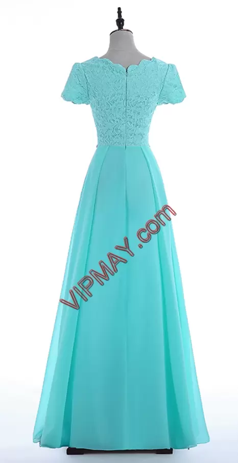 Excellent Aqua Blue A-line Beading Prom Dresses Zipper Chiffon Short Sleeves Floor Length