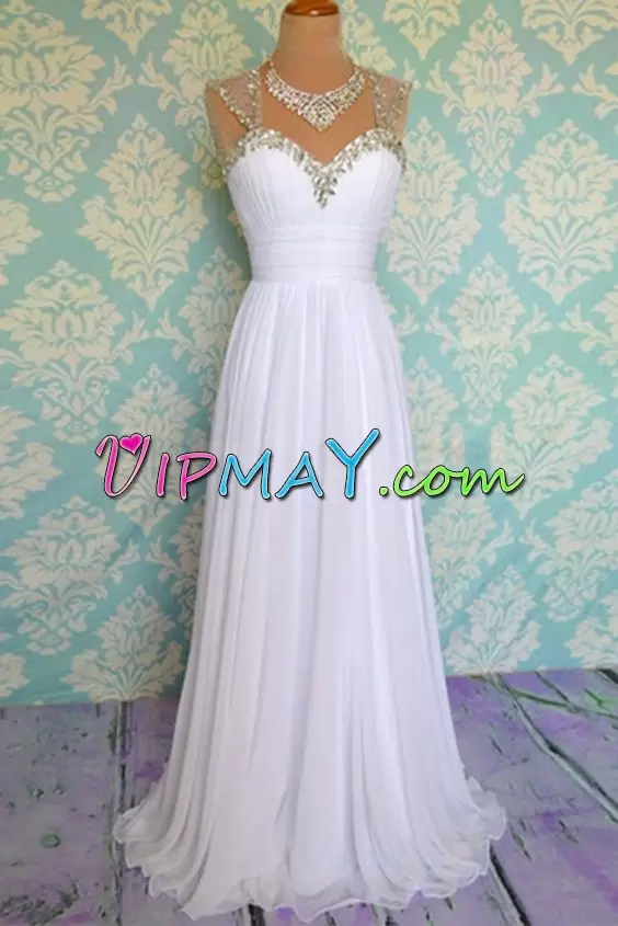 Custom Designed Floor Length Lace Up Evening Wear White for Prom and Party with Beading