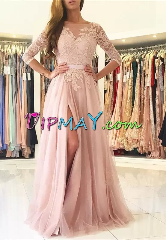 V-neck Half Sleeves Tulle Prom Evening Gown Lace Homecoming Dress