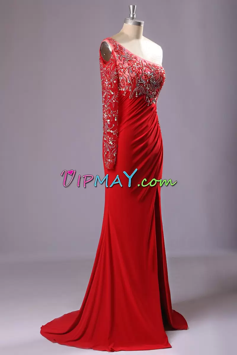 Elegant One Shoulder Sleeveless Prom Evening Gown Floor Length Beading and Lace Red Satin