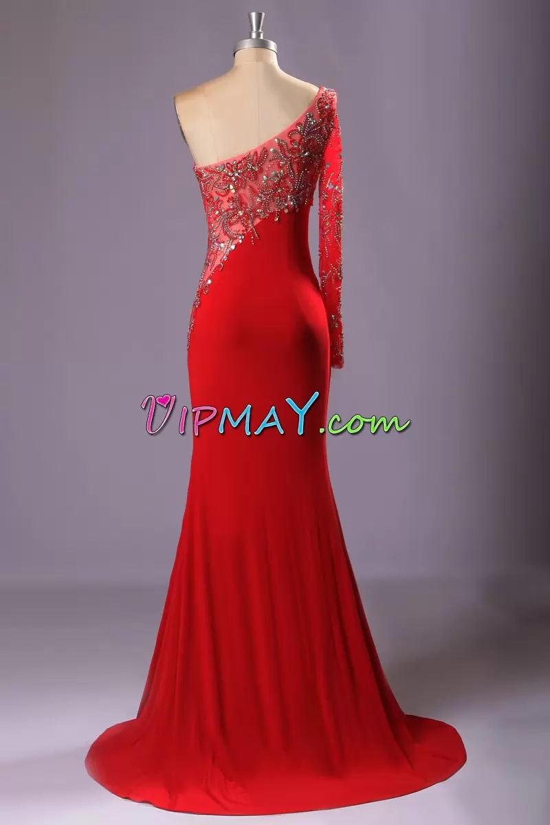 Elegant One Shoulder Sleeveless Prom Evening Gown Floor Length Beading and Lace Red Satin