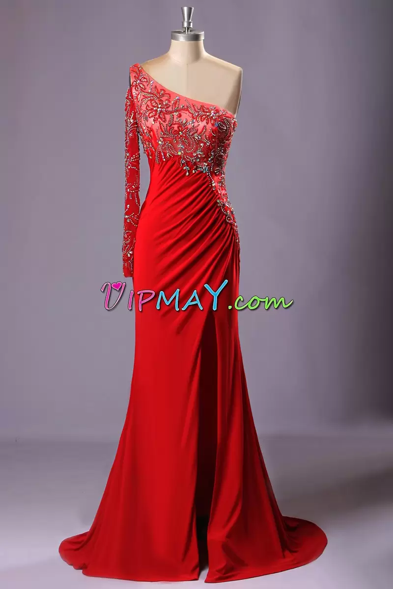 Elegant One Shoulder Sleeveless Prom Evening Gown Floor Length Beading and Lace Red Satin