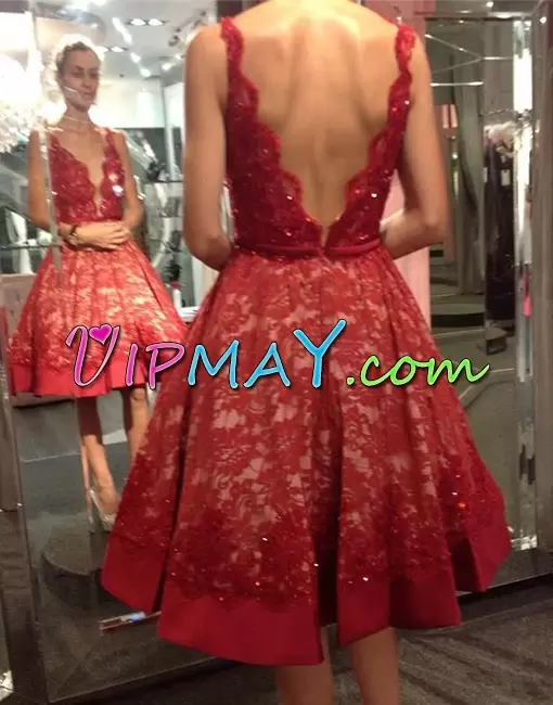 Dramatic Knee Length Red Dress for Prom V-neck Sleeveless Backless