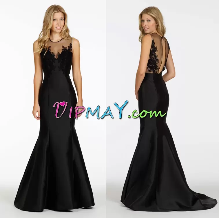 High Class Black Tulle Clasp Handle Evening Dress Sleeveless Floor Length Sweep Train Appliques