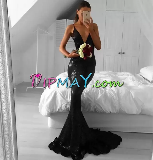 Superior Black Lace Zipper Prom Party Dress Sleeveless Floor Length Brush Train Appliques