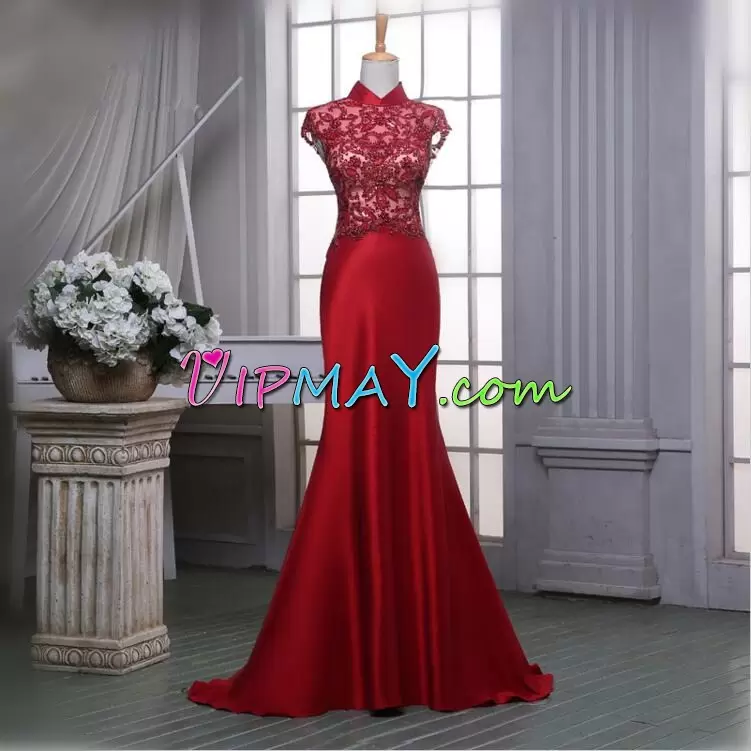 Sumptuous Red Lace Up Sweetheart Beading and Lace Dress for Prom Satin Sleeveless Sweep Train