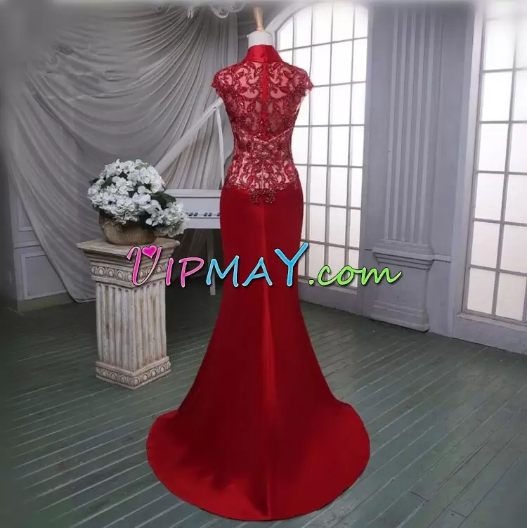 Sumptuous Red Lace Up Sweetheart Beading and Lace Dress for Prom Satin Sleeveless Sweep Train