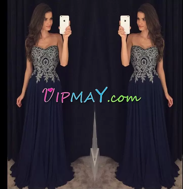 Floor Length Navy Blue Homecoming Dress Sweetheart Sleeveless Lace Up