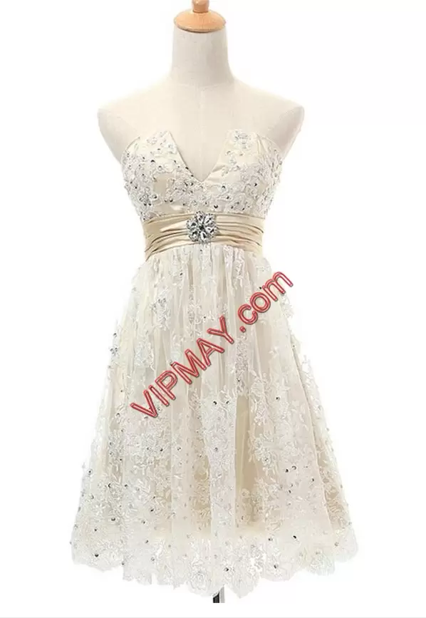 White Lace Zipper V-neck Sleeveless Mini Length Prom Party Dress Beading