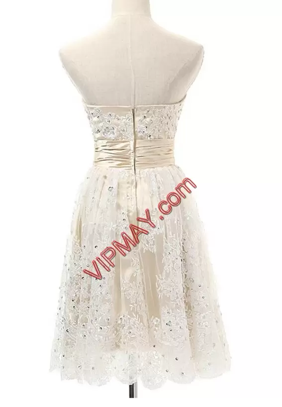 White Lace Zipper V-neck Sleeveless Mini Length Prom Party Dress Beading