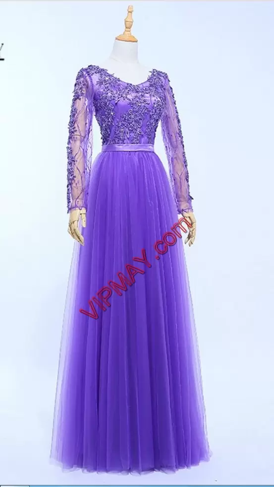 Comfortable Purple Lace Lace Up V-neck Long Sleeves Floor Length Prom Dress Appliques