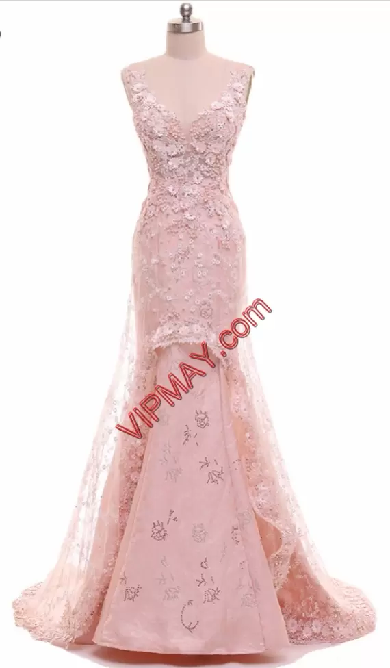 Colorful Sleeveless V-neck Sweep Train Beading and Appliques and Embroidery Backless Hoco Dress