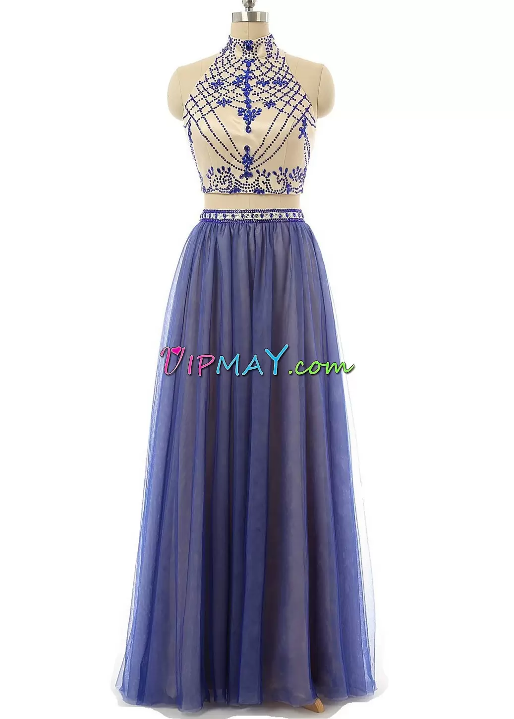 Excellent Two Pieces Hoco Dress Blue High-neck Tulle Sleeveless Floor Length Backless