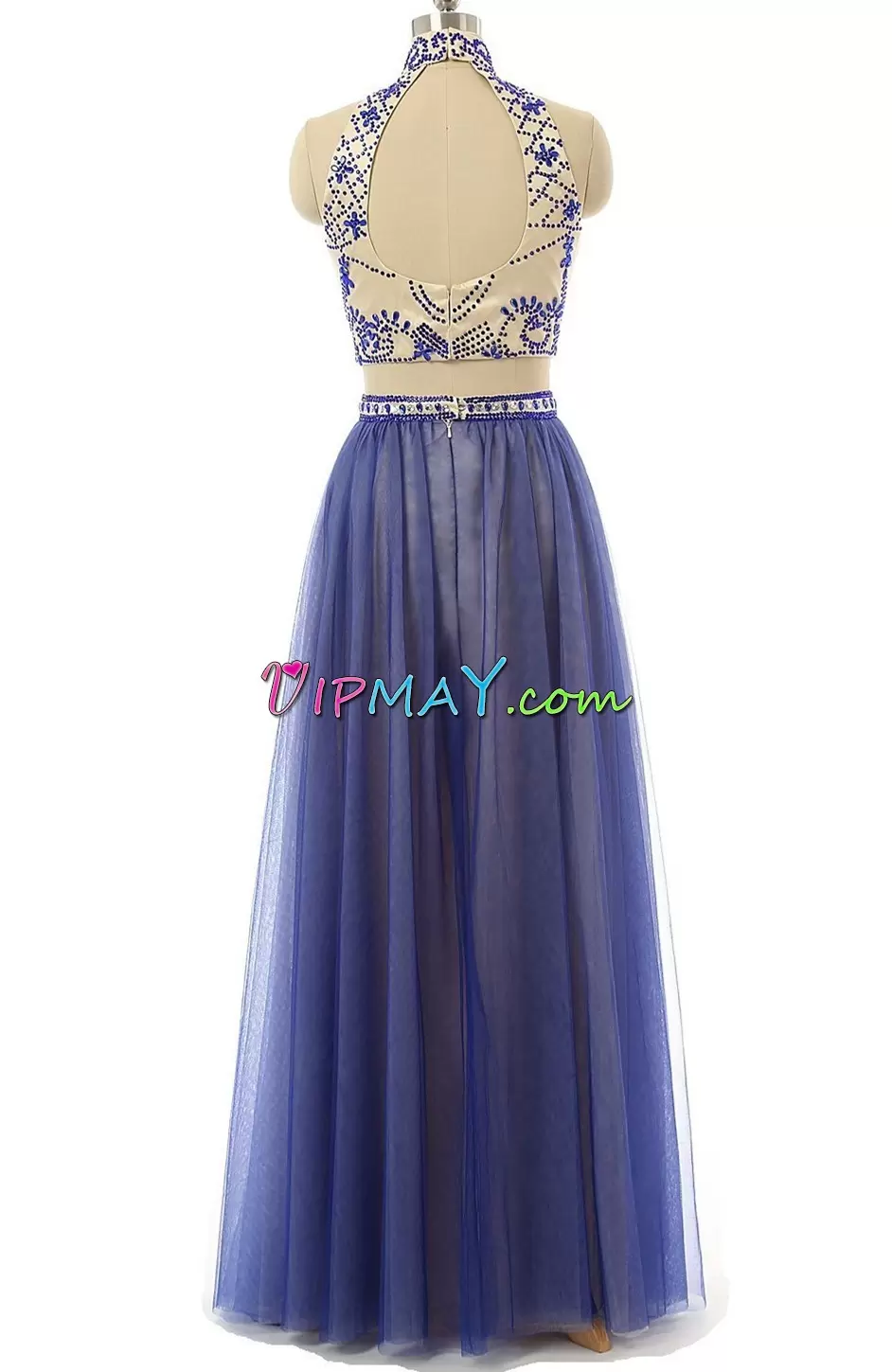 Excellent Two Pieces Hoco Dress Blue High-neck Tulle Sleeveless Floor Length Backless