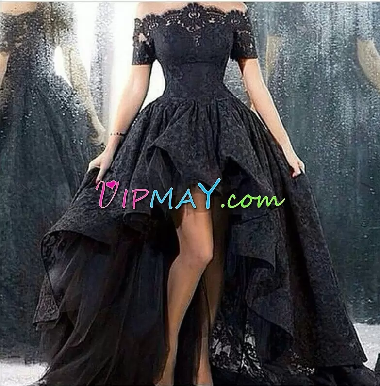 Lace Homecoming Dresses Black Lace Up Short Sleeves High Low