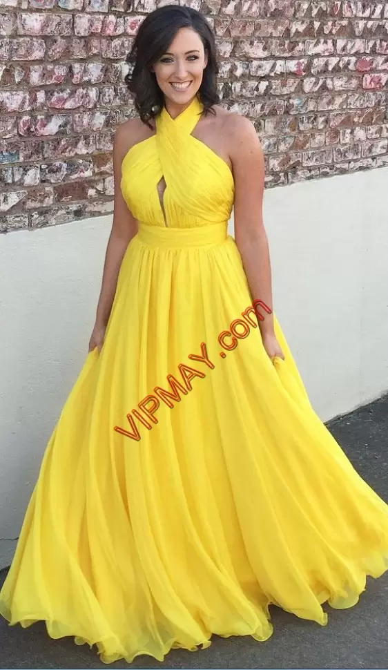 Yellow Chiffon Backless Evening Dress Sleeveless Floor Length Ruching