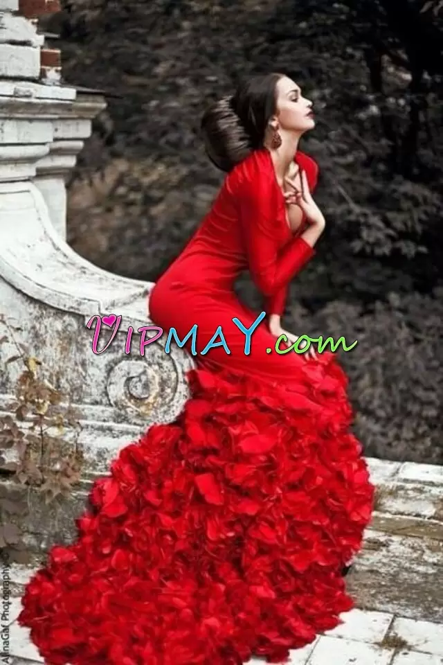 Exceptional Red Lace Up Evening Dress Ruffles Long Sleeves Floor Length Brush Train