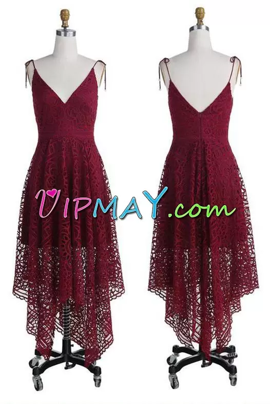 Custom Designed Burgundy Sleeveless Lace Asymmetrical